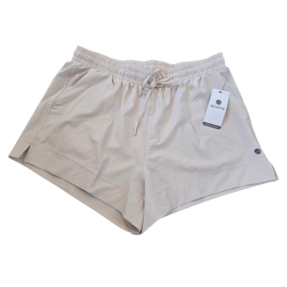 Apana Women Yoga Lifestyle Ripstop Shorts Beige Tan Elastic Waist Pockets Size L